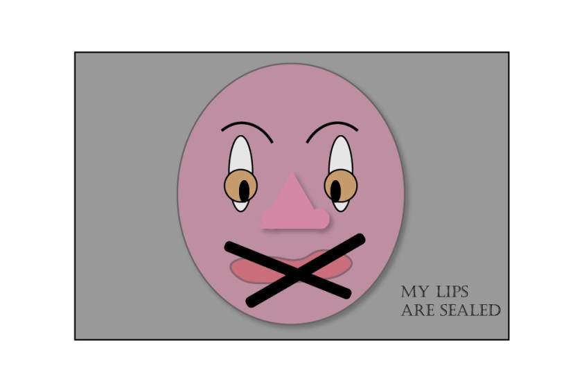 Graphic with cartoon face with tape strips across mouth.
